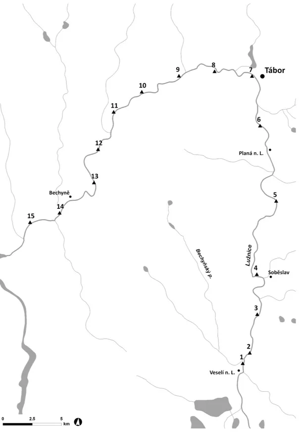 Fig. 1. he map of the studied part of the Lužnice River with the study sites (made by M. Dolejš).