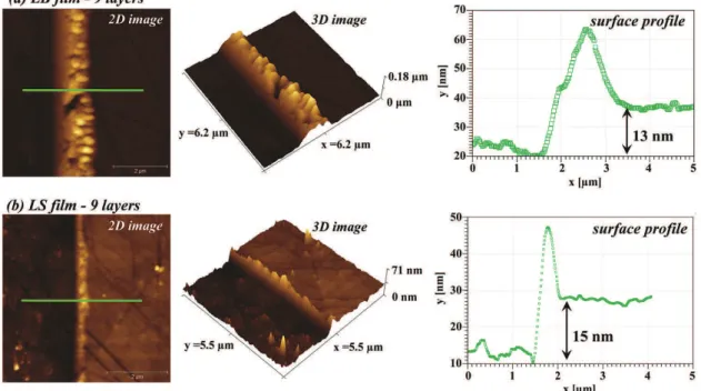 Figure 6. topographic AFM images showing the profiles along an edge for 9 layers of ZnPPIX-DME (a) LB and (b) LS film.