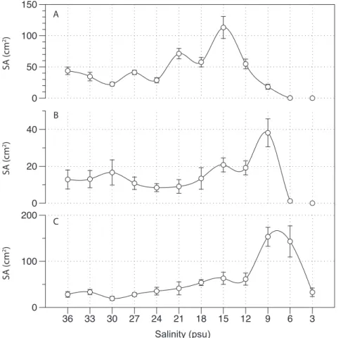 Figure 6. Foliar surface area (SA, cm 2 ) calculated from shoot density, leaves per shoot and leaf length and width of H