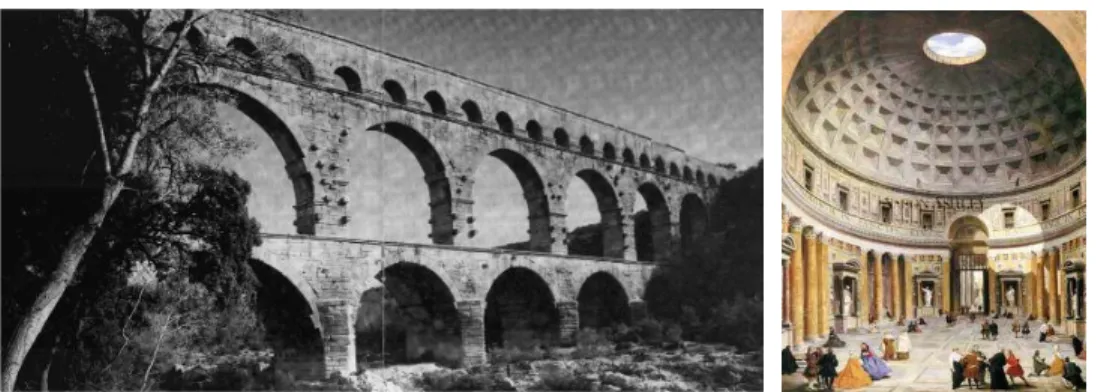 Figura 1.2: Arcos e abóbadas romanos em alvenaria  a) Pont du Gard perto de Nîmes; b) Panteão em Roma (118-125) 