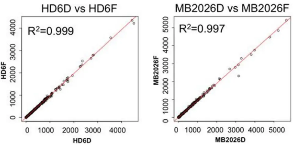 Table 1. RNA-Seq statistics of sequence tags mapped to the human genome (HG19) from fresh RNA or RNA stored frozen or desiccated for 76 days from the Skin Cancer Biorepository samples HD6 and MB2026.