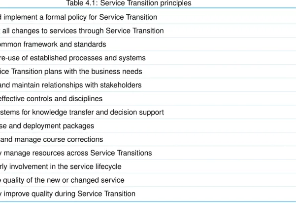 Table 4.1: Service Transition principles Define and implement a formal policy for Service Transition