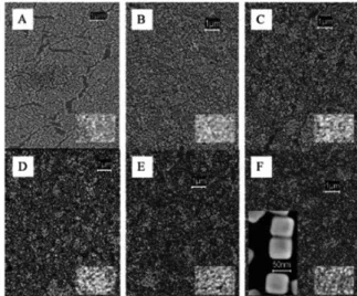 figure 15: SEM images of Ag nanocubes adsorbed onto quartz substrates  prepared at different surface pressures - 25, 20, 15, 10, 5, and 0 mN/m (A-F,  respectively)