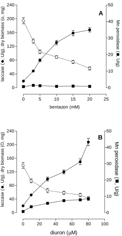 Figure  1.  Effects  of  bentazon  and  diuron  on  growth  and  production  of  ligninolytic  enzymes  by      The  herbicides  were  added  at  time  zero