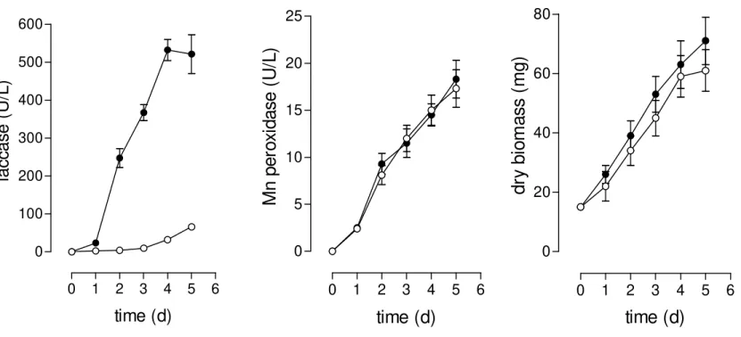 Figure 1. Production of laccase and Mn peroxidase and biomass by P. pulmonarius. The cultures were developed in ligninolytic (●) and  non-ligninolytic conditions in submerged conditions