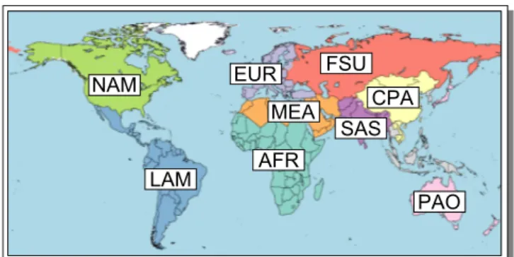 Fig. 1. The ten MAgPIE world regions. Sub-Sahara Africa (AFR), Centrally Planned Asia (CPA), Europe (including Turkey) (EUR), Former Soviet Union (FSU), Latin America (LAM), Middle East and North Africa (MEA), North America (NAM), Pacific OECD (Australia, 