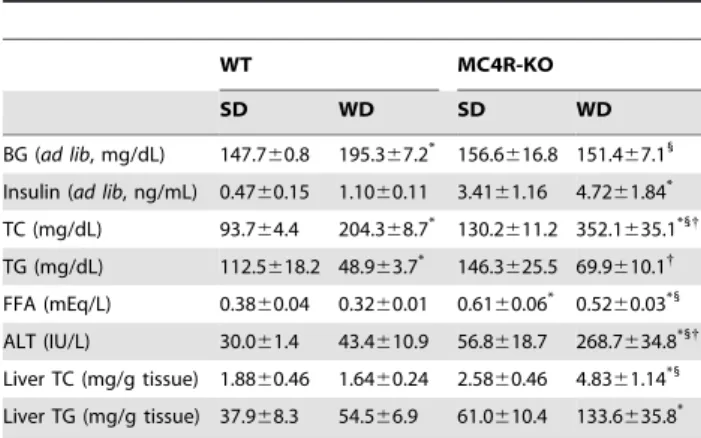 Table 1. Serological parameters and hepatic lipid content of MC4R-KO and WT mice fed a WD for 20 weeks.