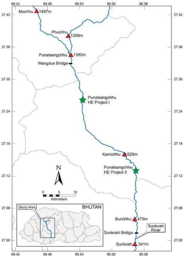 Figure  1.  Map  of  the  study  area  along  the  Phochuu/Punakha/Sunkosh  River.  Six  study  stretches  (elevation  masl)  are  marked  with  red  triangles