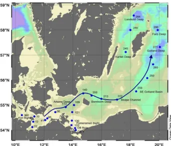 Fig. 1. Map of the western, southern and central Baltic Sea with lo- lo-cations of the stations