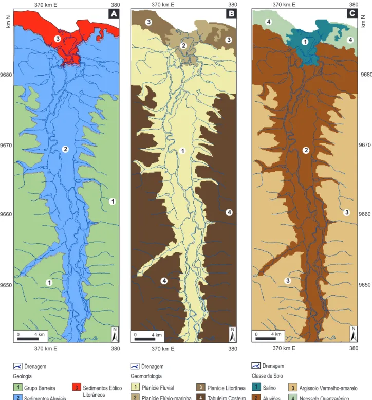 FIGURA 3.  Área de baixo curso do rio Acaraú: A) Mapa de geologia, adaptado (CPRM, 2003);