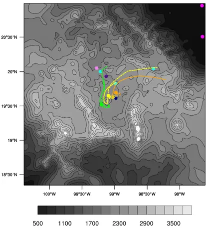 Fig. 3. Backward trajectories at TLA (green), VIF (yellow) and T1 (orange) at two levels: