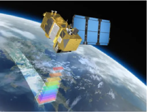 Figura 1.5: Sat´elite de sensoriamento remoto da NASA/ESA. ` A medida que ele vai passando, suas cˆameras e sensores captam e medem dados da superf´ıcie da Terra