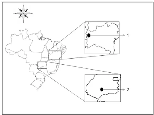 Figura 3. Localização das coletas das duas populações de Helicoverpa armigera  utilizadas na referida pesquisa