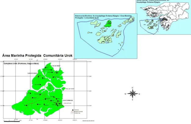 Figura 5 - Área Marinha Protegida Comunitária das Ilhas Urok, com a localização das   três ilhas habitadas e das aldeias mais importantes