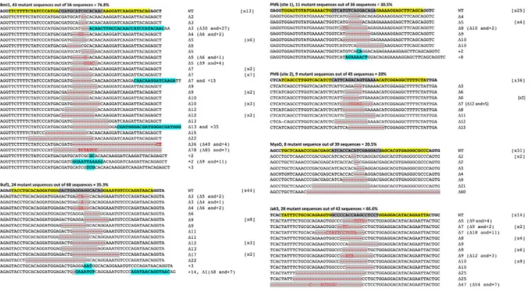 Figure 4. Sequences of somatic zebrafish gene mutations induced by TALENs. Mutant sequences were aligned to the wild-type sequence.