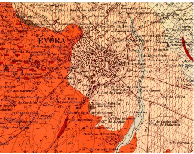 Fig.  nº.  6  –  A  cidade  de  Évora  na  Carta  Geológica  de  Portugal  à  escala  1:  50  000,  notícia explicativa da folha 40 A