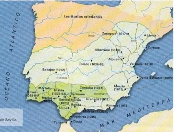 Fig. nº. 7 –  Representação no mapa dos reinos de Taifa, com atenção para o reino de  Badajoz onde integra a cidade de Évora