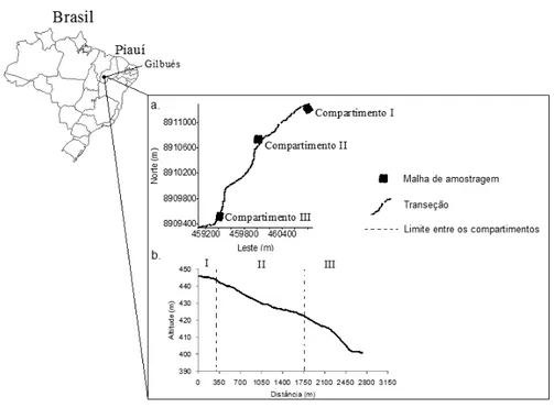 Figure 1. Location of the study area, sampling grids within each compartment of the landscape (a) and planialtimetric profile (b).