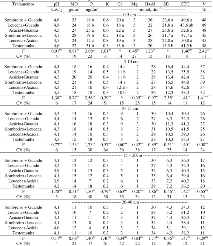 Tabela 5. Análise química das amostras de solo do experimento retiradas após a colheita, nas  profundidades de 0-40 cm, em junho de 2005