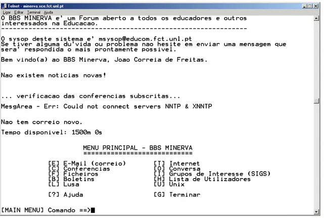 Figura 1 - BBS MINERVA - página de recepção do BBS (versão 3) 