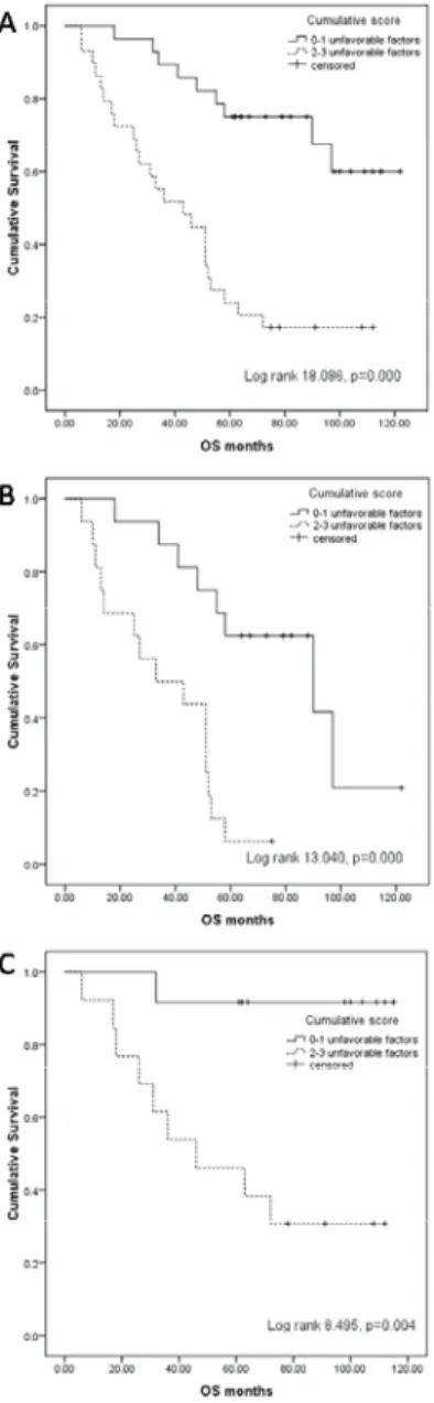 Fig. 3 – Overall survival (OS) based on the cumulative score of unfavourable prognostic factors, 0–1 vs 2–3: