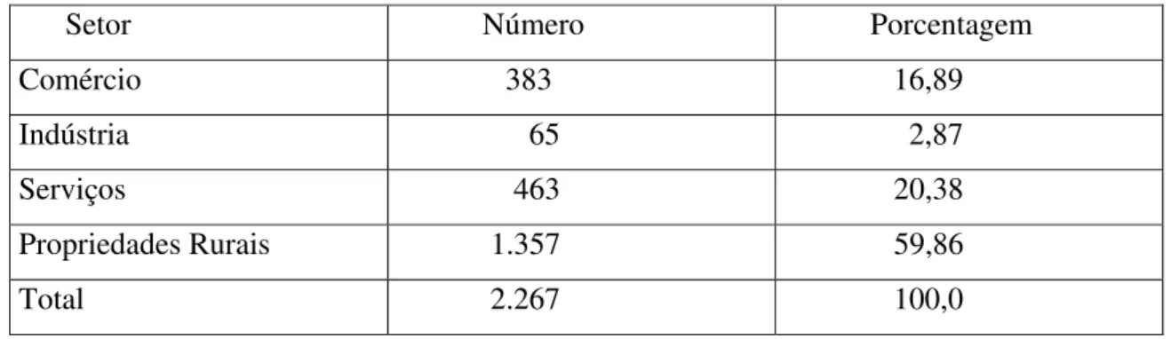 Tabela 1. Porto Nacional-TO: Indústria, Comércio, Serviços e Propriedades Rurais  –               Número de Estabelecimentos – 2000
