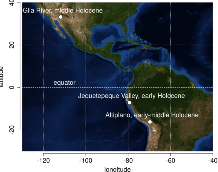 Fig 1. Geographic locations of prehistoric settlement systems examined in this study. Background image courtesy of NASA Earth Observatory [39].