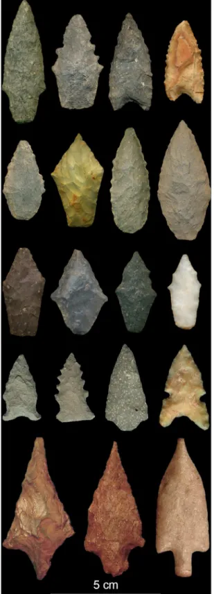 Fig 2. Examples of temporally diagnostic projectile points. Temporally diagnostic artifacts are used to (a) assign archaeological sites to settlement systems and (b) measure site size in terms of artifact counts