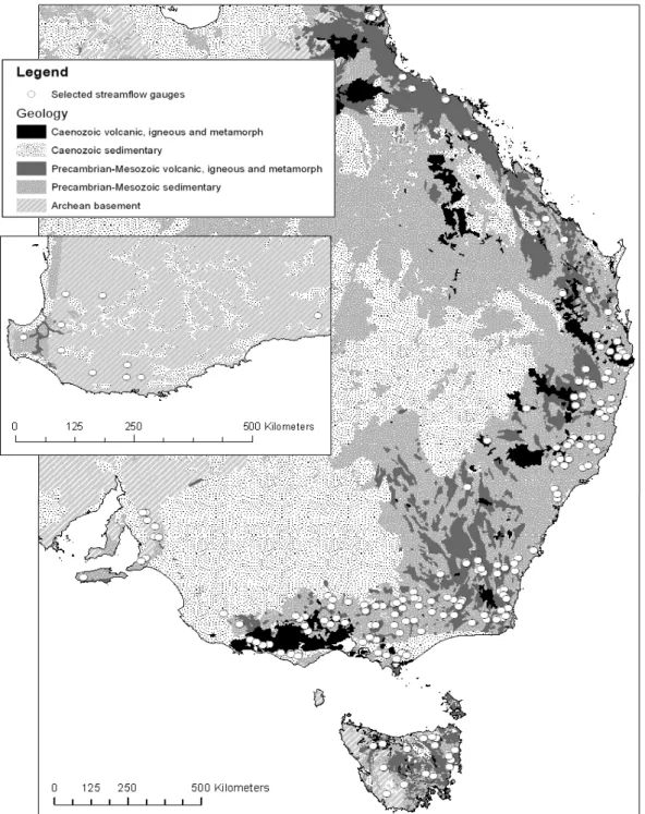 Fig. 1. The location of the 183 streamflow gauges selected in this study, and the underlying geology.