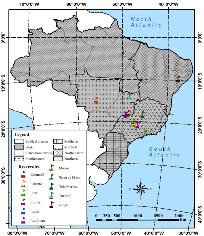 Figure 2: Location of the hydroelectric reservoirs monitored in Brazil. 