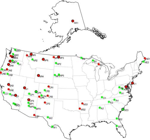 Fig. 2. Sixty-five IMPROVE sites in 25 regions (see Table 1 for definitions). Color codes indicate the changes of EC-τ R regression coefficients across the instrumental upgrade in 2005