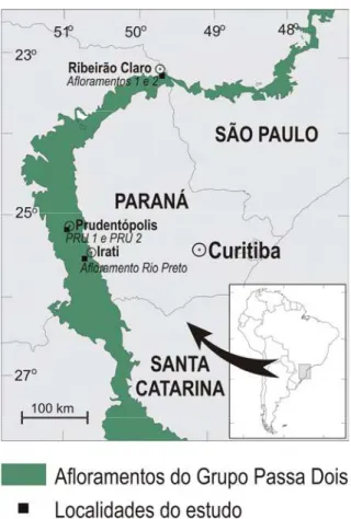 Figura 2.1 - Mapa da porção leste da Bacia do Paraná, destacando-se a parte aflorante do Grupo  Passa Dois, em verde, e as regiões de estudo