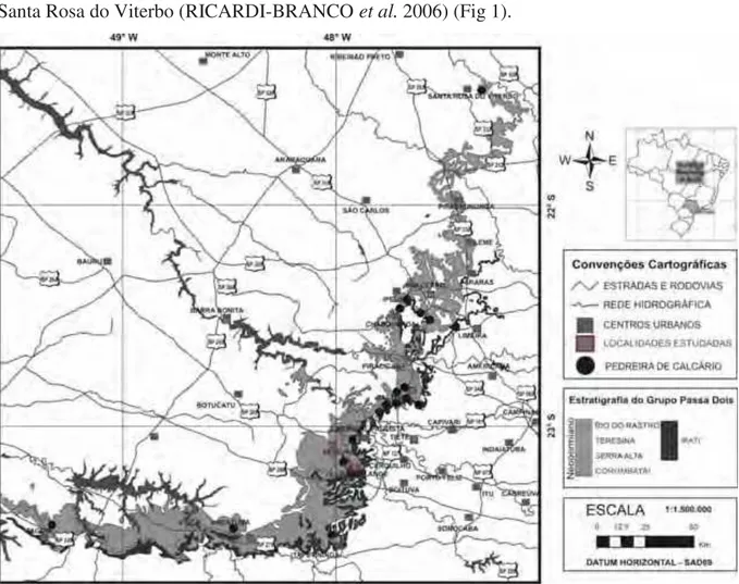 Figura 1. Mapa da faixa de afloramentos do Grupo Passa Dois no Estado de São Paulo, com a localização das  pedreiras de exploração dos calcários da Formação Assistência (Modificado de CAIRES, 2005)