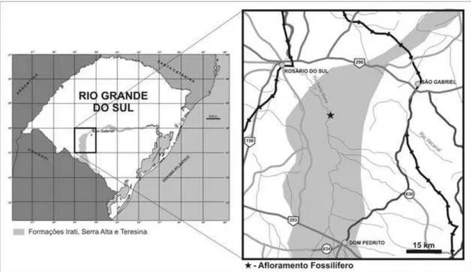 Figura 3. Mapa de localização do clássico afloramento de Passo de São Borja, próximo ao município de São  Gabriel, Rio Grande do Sul