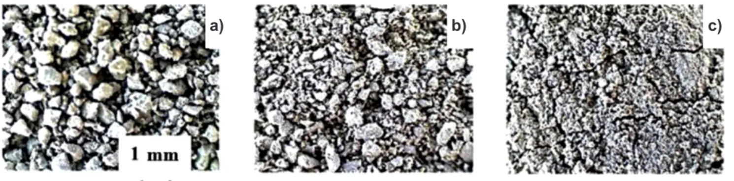 Figure 1: Optical images of the surfaces of a polydispersed system in the initial state (a), and after 10 min (b) and 20 min (c) of exposure  to MW radiation.