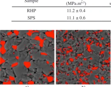 Figure 4: Image analysis of FESEM images of the microstructure  of the composite sintered by RHP (a) and SPS (b) method.