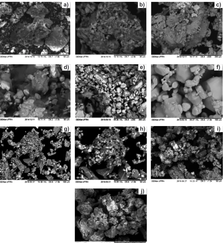Figure 4: SEM micrographs for: (a,b) A.C; (c,d) AHM; (e,f) Mo 2 C; (g,h) Mo 2 C/A.C; and (i,j) bimetallic Mo-Ni carbide over A.C.