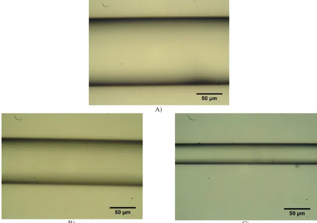 Fig. 3 - Optical fibers diameters with A) 125 m; B) 80 m and C) 40 m (see text for details)