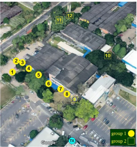 Fig. 1. 3D View of vegetated scenario: TX and 12 measurement points at Manaus 