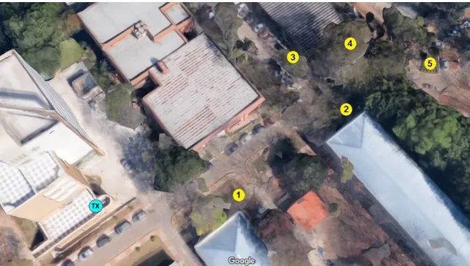 Fig. 2. 3D View of vegetated scenario: TX and 5 measurement points at Belo Horizonte 