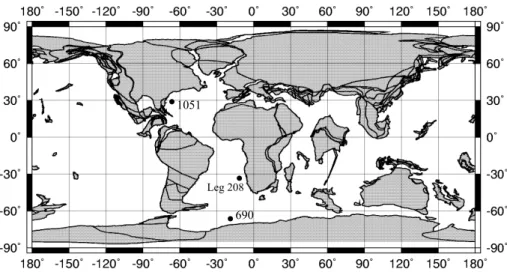 Fig. 1. Global map during PETM and sites discussed in this paper.
