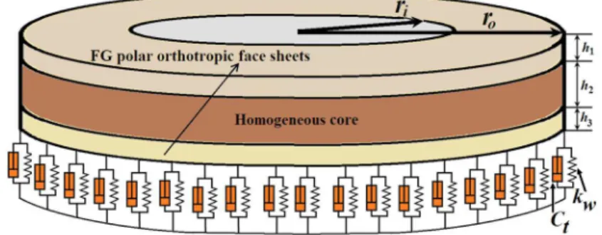 Figure 1: Schematic of the sandwich annular plate on viscoelastic substrate.