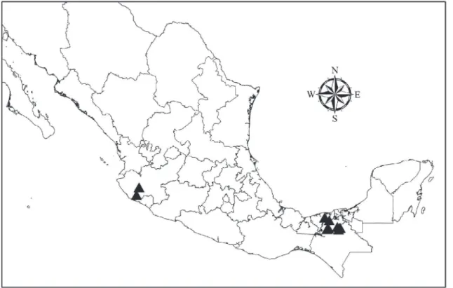 Figure 1. Black triangles show geographic localization of the sites in which infected bat species were collected.