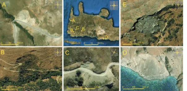 Fig. 3. Satellite pictures (taken from Google Earth) depicting the location of extensive land- land-slides at the Chania Prefecture