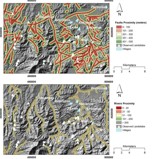 Fig. 4. Details of the faults and rivers proximity maps.