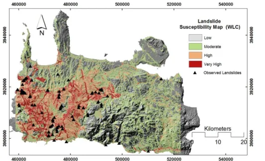 Fig. 6. The landslide susceptibility map of Chania Prefecture extracted with the WLC method.