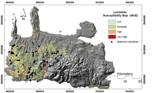 Fig. 7. The landslide susceptibility map of Chania Prefecture extracted with the WoE method.