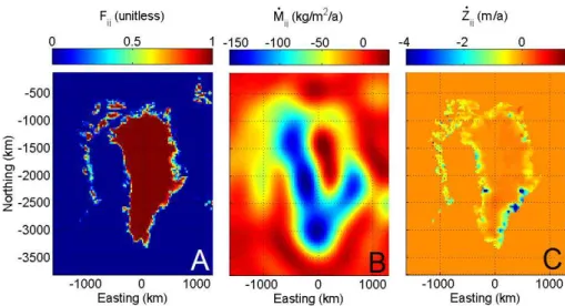 Fig. 1. Three independent pieces of information required as algorithm input. (A) Fractional ice coverage ( ˙F ), derived from glacier inventories generated by optical imagery (Arendt et al., 2012;