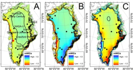 Fig. 9. IMBIE period (2004 to 2010) glacier continuity. (A) HIGA-inferred mass balance ( ˙ m;
