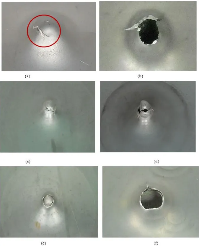 Figure 8: Photographs of plates exhibited partial tearing or capping failures  a  Single plate, 30 g PE4  b  Single plate,  37.5 g PE4  c  Double, front plate, 23.5 g PE4  d  Double, front plate, 30 g PE4  e  Double, back plate, 30 g PE4  front 